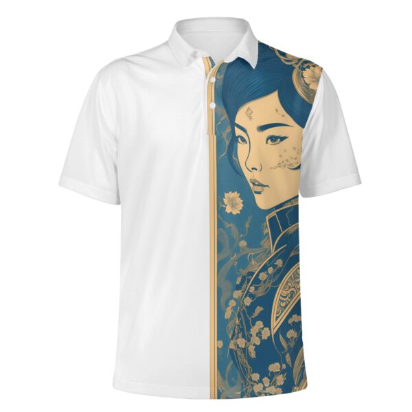 Camisa Polo de hombre con estampado Arte Japonés en tonos verdes y amarillos | Alta calidad y durabilidad.