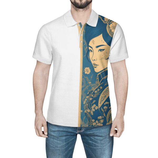 Camisa Polo de hombre con estampado Arte Japonés en tonos verdes y amarillos | Alta calidad y durabilidad. - Imagen 3